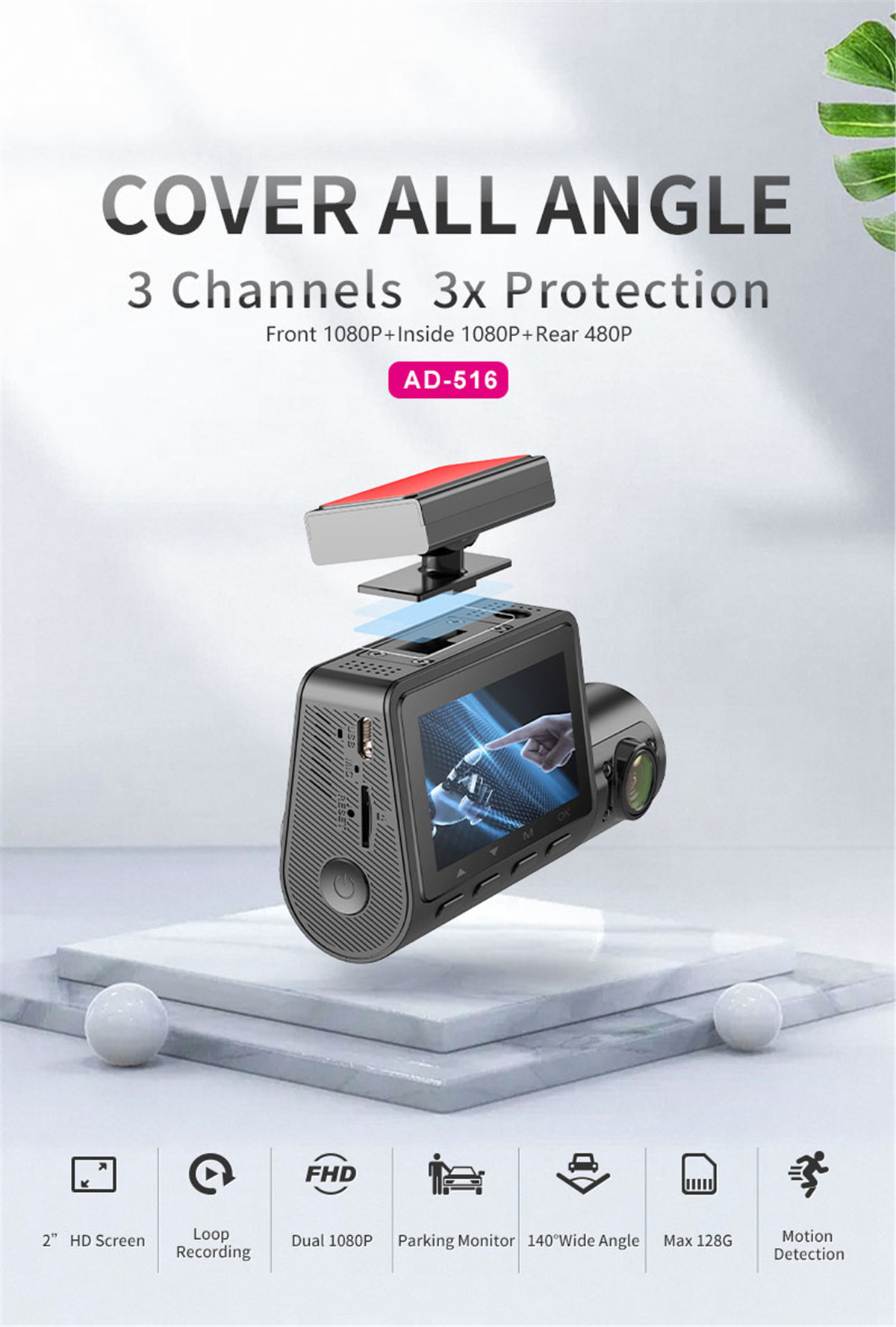 AOEDI 3-kanals 1080P Night Vision Dash Cam AD-516-02 (1)