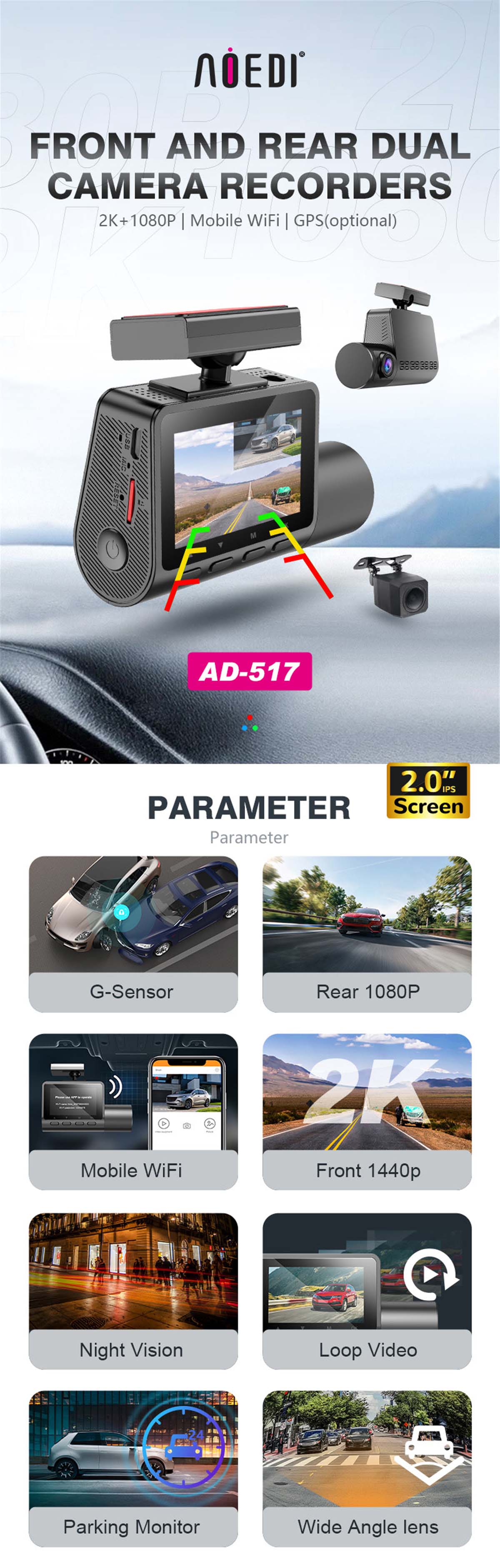 AOEDI Hidden 2K WiFi GPS Dash Cam AD-517H-02 (1)